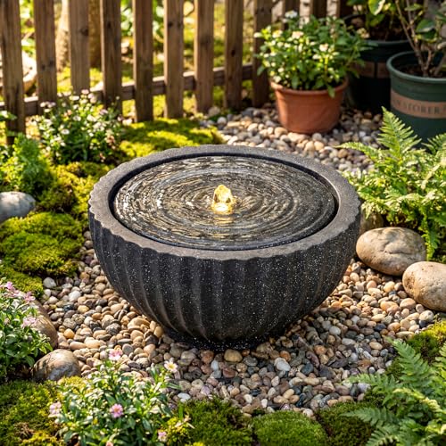 COSTWAY Springbrunnen Rund Gartenbrunnen mit LED Beleuchtung & Pumpe Brunnen Outdoor Steinoptik Zimmerbrunnen draußen Wasserfall Brunnen für Garten Balkon Terrasse 45 x 45 x 23 5 cm