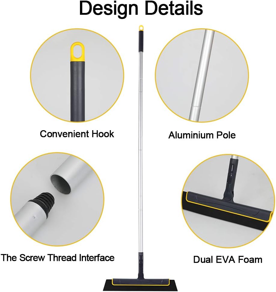 Yocada Floor Squeegee Broom Perfect for Shower Bathroom Kitchen Home Tile Pet Hair Fur Floor Marble Glass Window Water Foam Cleaning Long Adjustable Removable Handle Anti-Static Household 51in Pole
