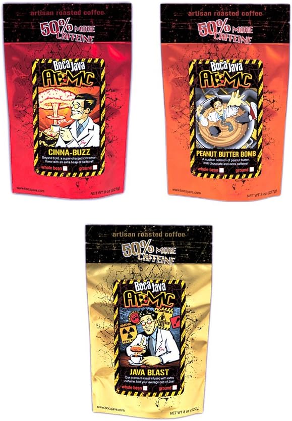 Boca Java Roast to Order, Atomic Variety Pack with 50% More Caffeine, Ground, 8 Ounce (Pack of 3)