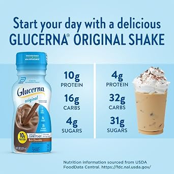 Glucerna Original Diabetes Care Shake, Rich Chocolate, Diabetic Meal Replacement to Support Blood Sugar Management, 10g Protein, 180 Calories, Ready to Drink, 8-fl-oz Bottle, 6 Pack