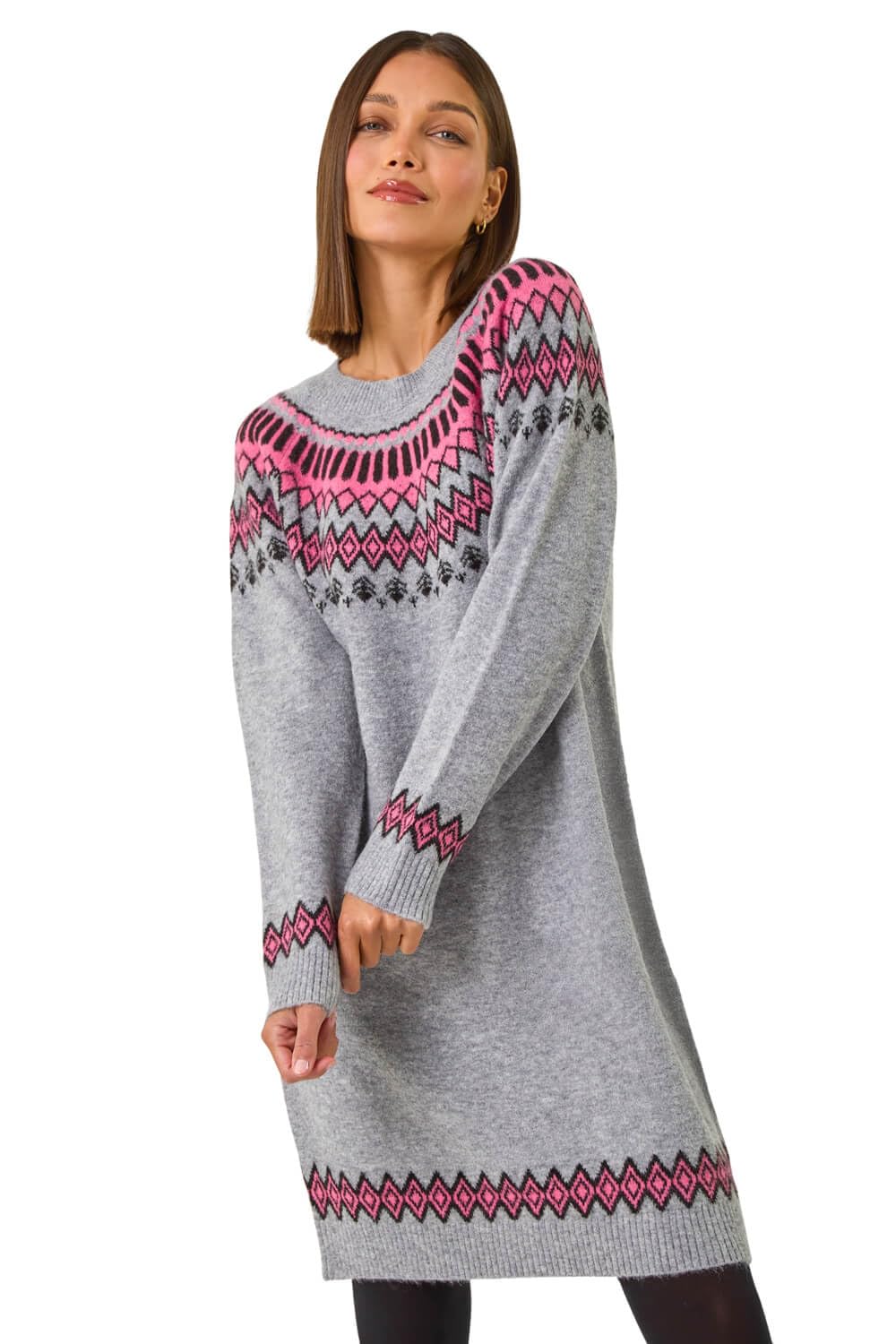 Roman Fairisle Knitted Jumper Dress - Grey - Size 10 - Women's