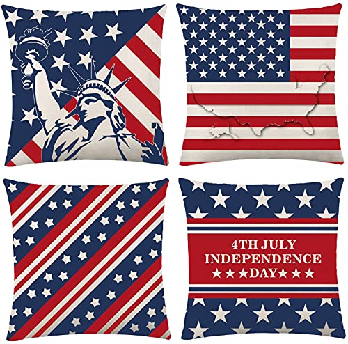 4th July Independence Day Pillow Covers, American Flag Pillowcases and Statue of Liberty Patriotic Stars and Stripes，for sofa bedroom home outdoor Decoration (Linen,Double-sided Printed，18x18 Inches)