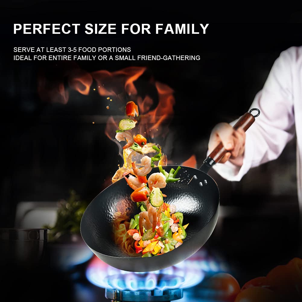 Bielmeier Hand Hammered Wok pan 14.1",Carbon Steel Wok with Wok Ring, Round Bottom Woks and Stir