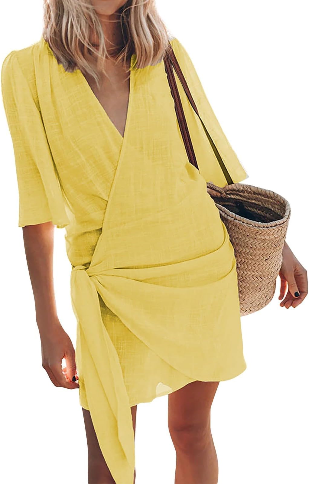 Womens Linen Mini Dress Summer Cross V-Neck Half Sleeve Dresses Casual Lightweight Wrap Tie Waist Bodycon Dresses