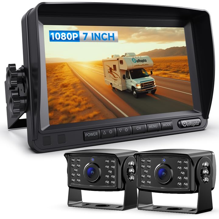 Image of eRapta HD 1080p Backup Camera System Kit, 7-inch Reversing Monitor with IP69 Waterproof, Rear View Cameras, Backup Camera for RV Truck /Trailer /Tractor /Box /Camper AYX702