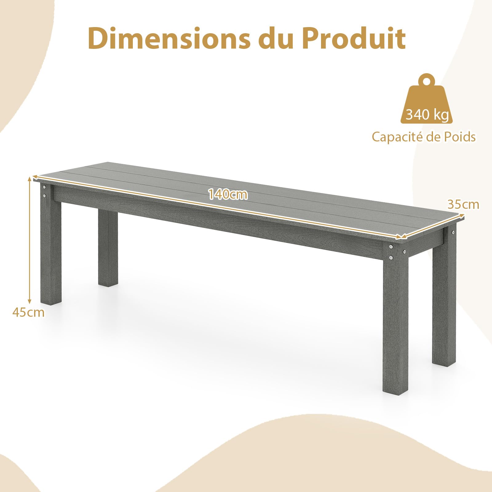 COSTWAY Banc Exterieur Jardin pour 2-3 Personnes, Banc de Jardin en HDPE, Surface en Grain de Bois, Barres en Métal, Banquette pour Porche Piscine Cour, Charge 340 kg, 140 × 35 × 45 cm (Gris)
