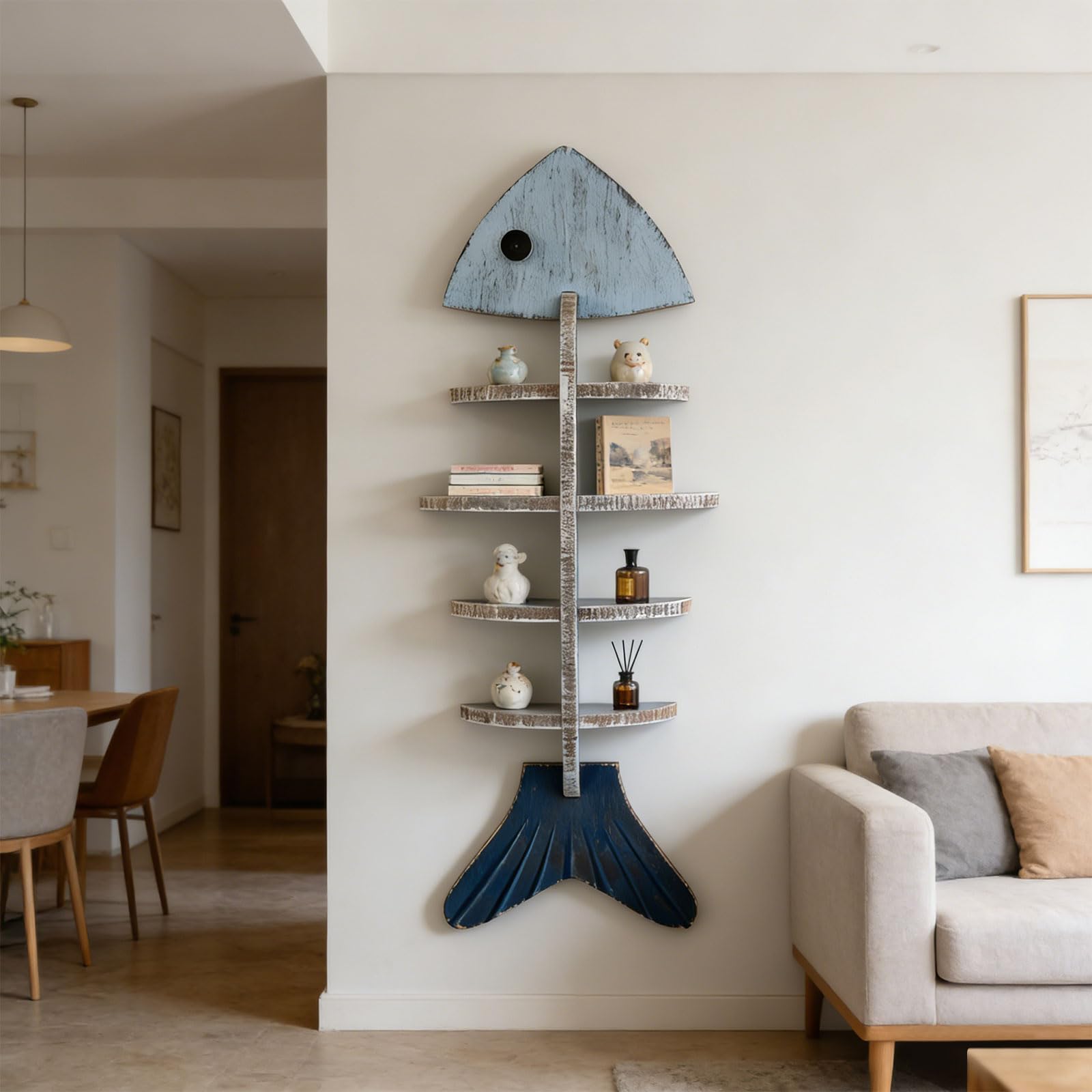 Mensola decorativa da parete ispirata al mare, con ampio spazio per piccoli oggetti in soggiorno, decorazione a tema spiaggia