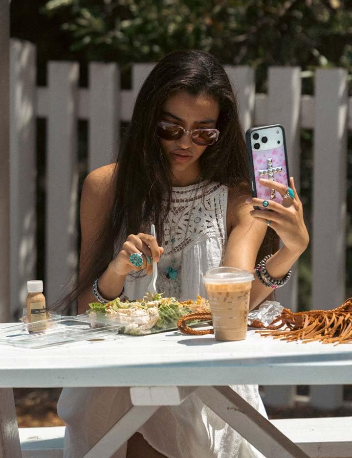 Image of Wildflower Cases - Compatible with iPhone 16 Pro Max | Protective Black Bumper, 6.5ft Drop Test Certified, Women Owned Small Business | Stud Cross Forget Me Not Floral Pink