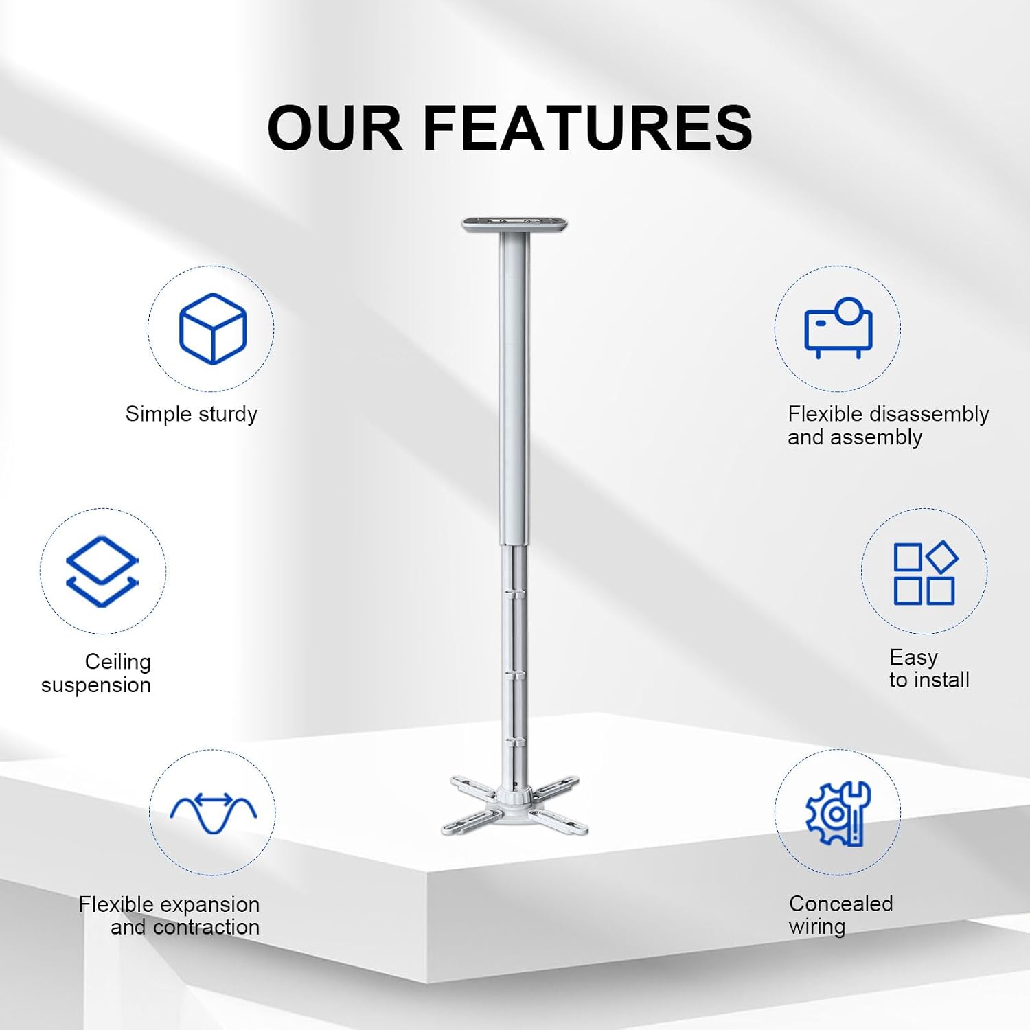 Jomard Projector Ceiling Mount, Heavy Duty Aluminum, Adjustable Height 22"-40.78", 360° Swivel 15° Tilt, Holds 15 Lbs, White image 2