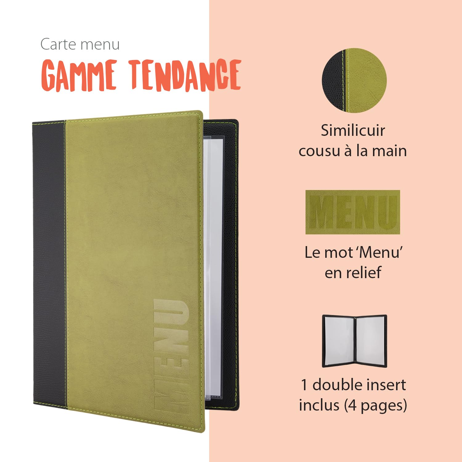 SECURIT Trendy Lot de 20 cartes de menu aspect cuir A4 avec boîte + 1 double insert pour menus (pour 4 pages A5), vert, cuir synthétique