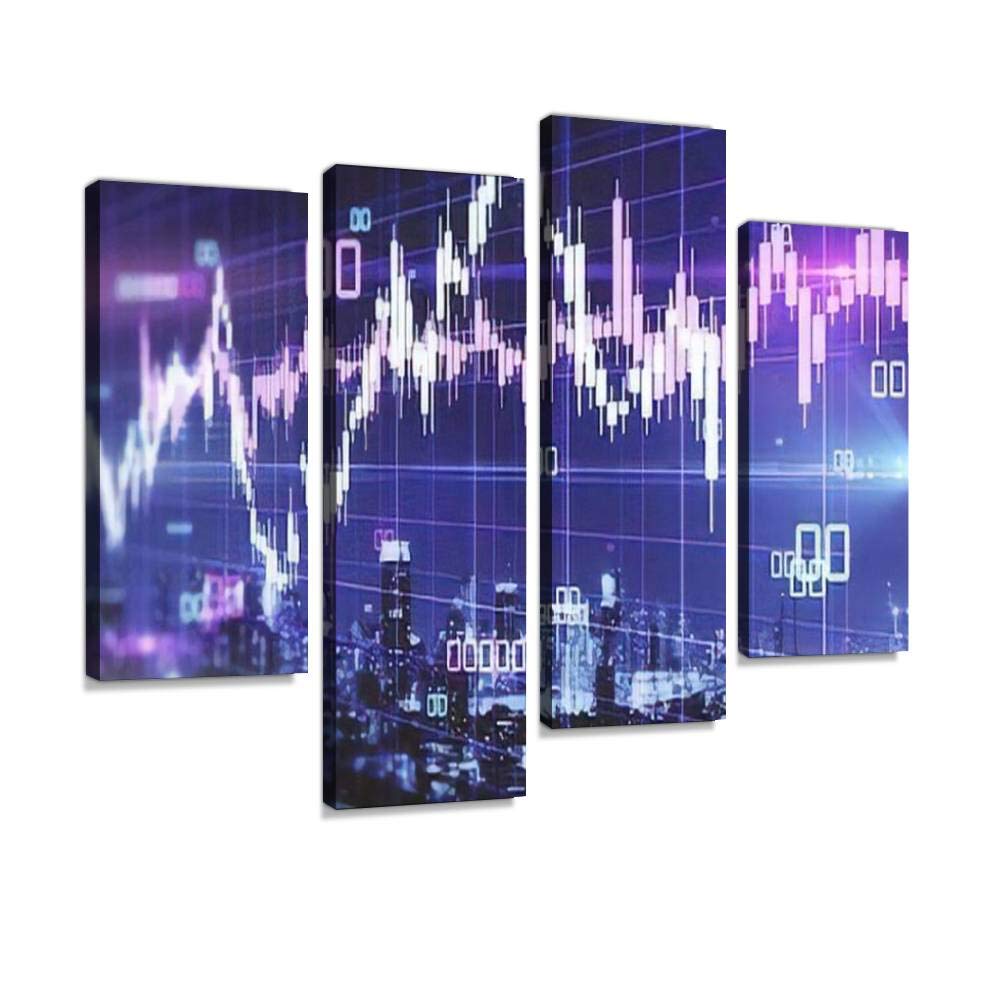 Creative glowing blurry forex chart with candlestick on blurry night Canvas Print Artwork Wall Art Pictures Framed Digital Print Abstract Painting Room Home Office Decor Ready to Hang 4 Panel
