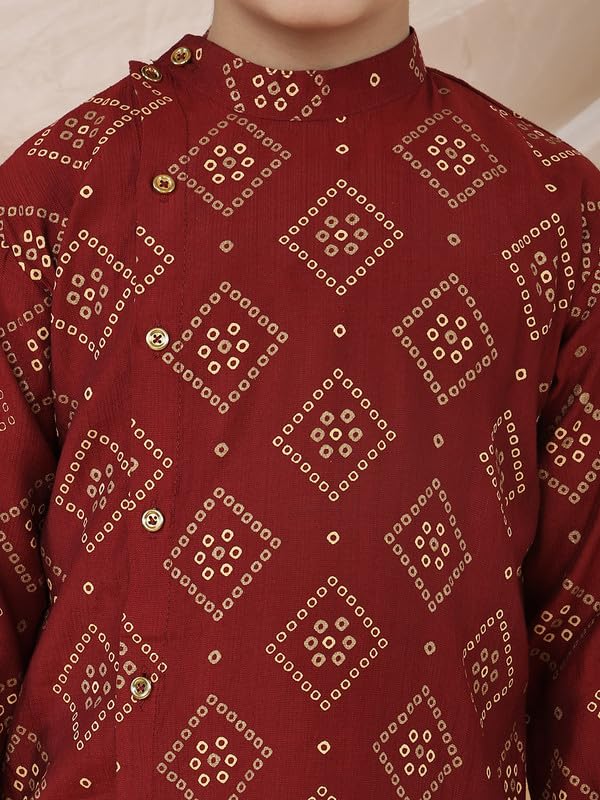 Image of superminis Boy's Golden Foil Printed Side Open Cotton Kurta, Round Collar, Full Sleeves Ethnic Wear Dhoti Kurta Set