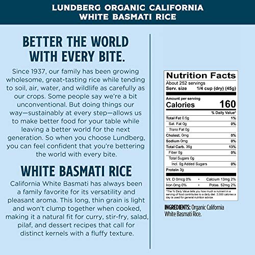 Lundberg Family Farms - Organic California White Basmati Rice, Pleasant Aroma, Fluffy Texture, Won't Clump When Cooked, Bulk Rice, Gluten-Free, Non-Gmo, Usda Certified Organic, Vegan, Kosher (25 Lb) #TOP5