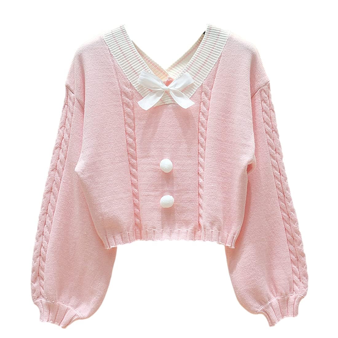 FindThy Womens Y2K Pullover Sweater Sweet Lantern Sleeve Bowtie Knit Crop Jumper Tops