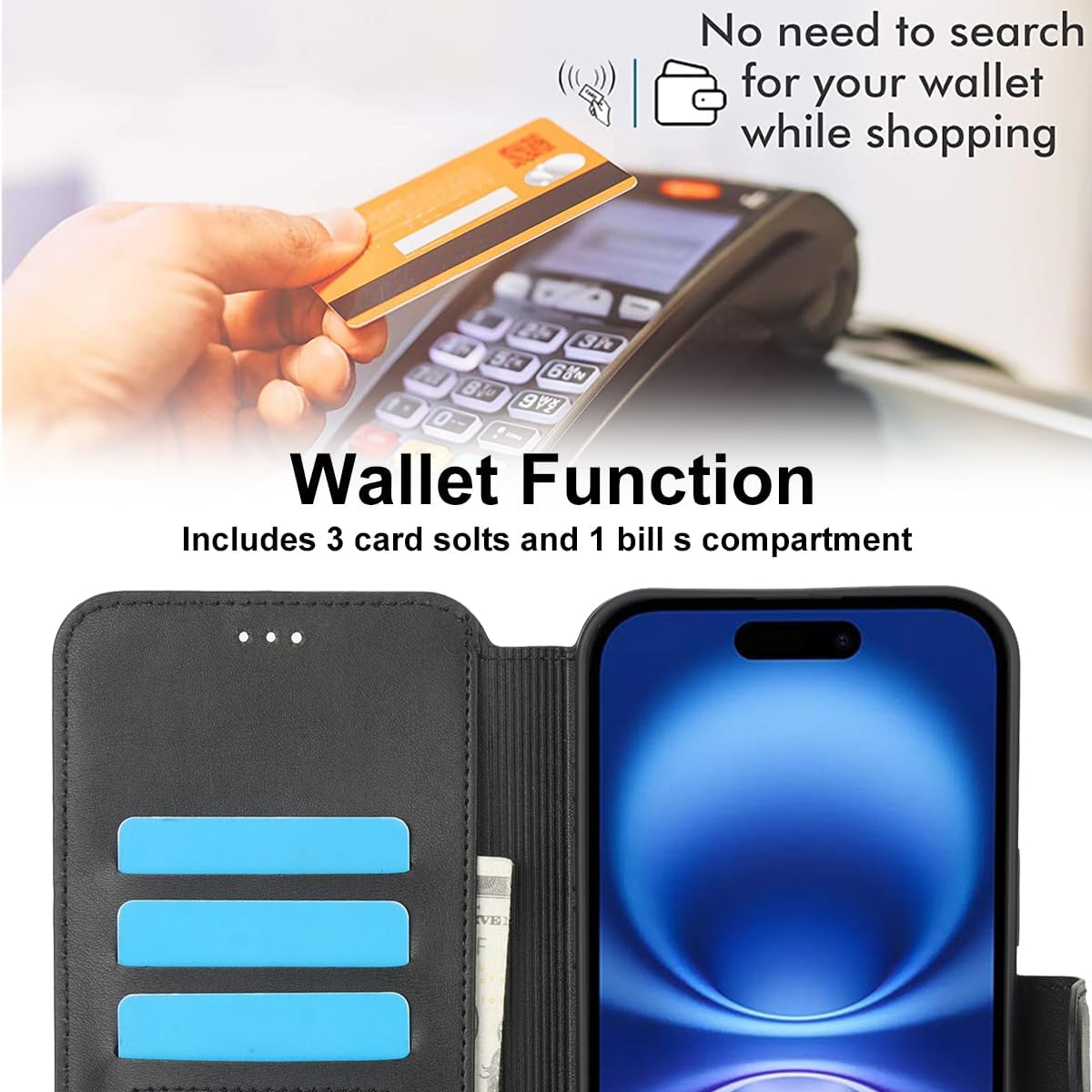 QLTYPRI Case for iPhone 16 Premium PU Leather Simple Wallet Case [Card Slots] [Kickstand] [Magnetic Closure] Shockproof Flip Cover for iPhone 16(6.1 inch) - Black - Image 2