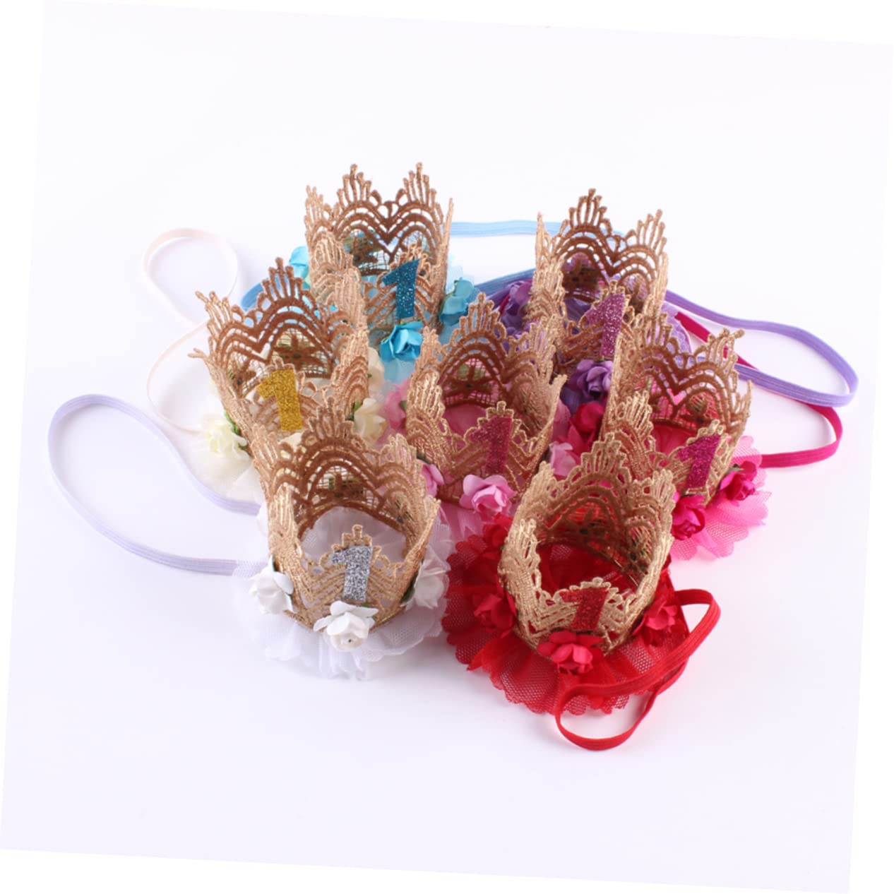 SHOWERORO First Birthday Hair Accessories for Girls - Headband, Tiara Crown with Lace Flowers