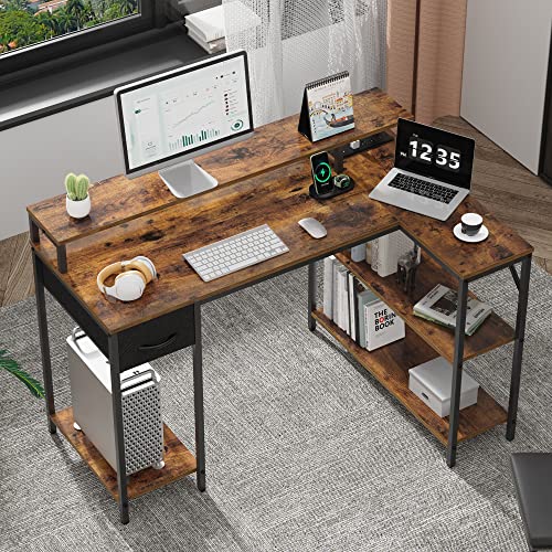 Superjare L Shaped Computer Desk With Power Outlets & Led Strips, Reversible Corner Desk With Monitor Stand & Storage Shelf, Home Office Desk Gaming Desk, Rustic Brown #TOP7
