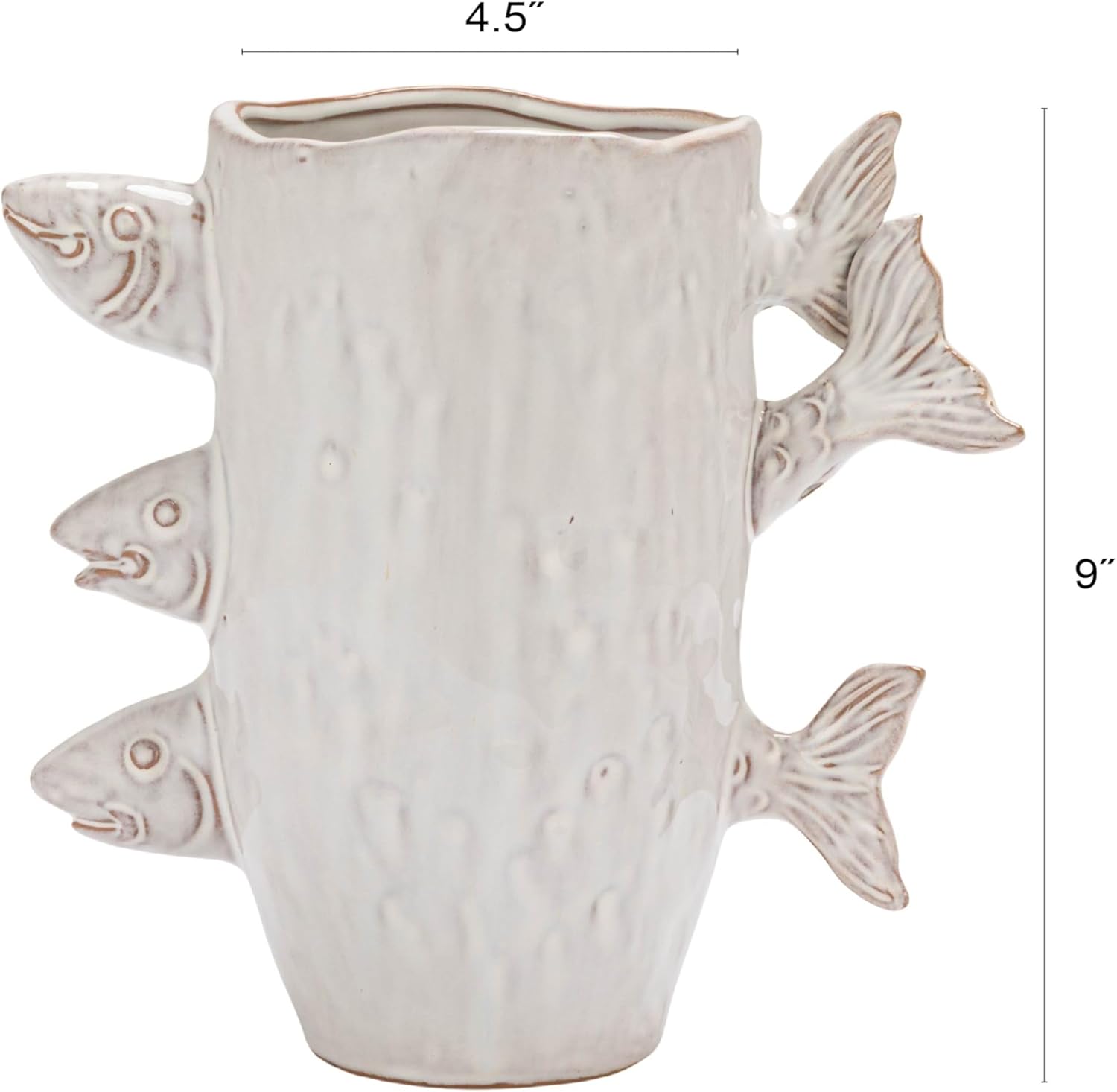 Creative Co-Op Stoneware Vase with 3D Fish and Reactive Glaze, White
