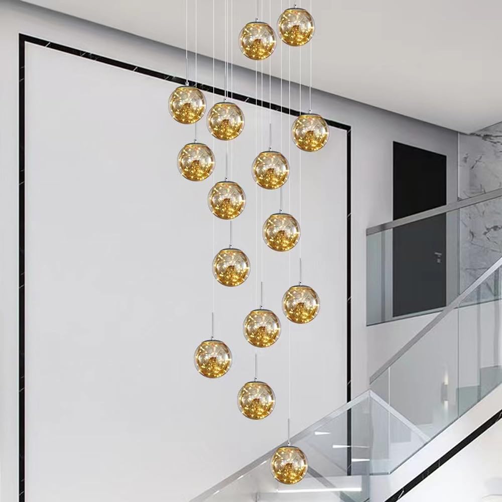 Lampadario Rotondo da soffitto per Decorazione Moderna della casa, Ideale per atrio, Scale, Ingresso, con Sfere di Vetro ambrato, Lampada a Sospensione a LED, Lampada da Sala da pr