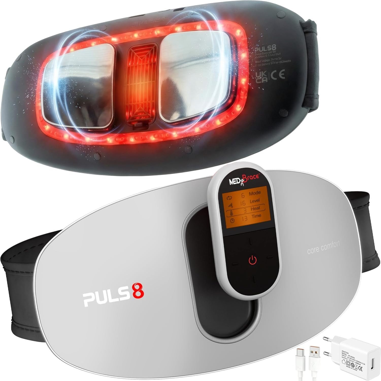 MEDiBrace PULS8 Ceinture chauffante de massage par impulsions pour le bas du dos et l’abdomen, rechargeable USB-C, sans fil, lumière rouge (LED) (PULS8 Complete (inclut l’adaptateur secteur USB))