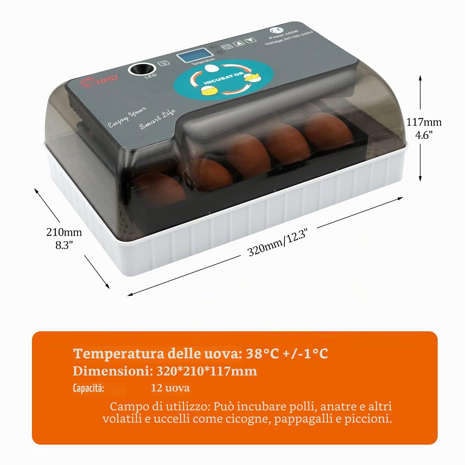 Incubatrice a 12 Uova con Inverter D'Uovo Automatico Integrato e Uova a Controllo Della Temperatura Rooter Di Pollame per Pollo di Quaglia Oca D'Anatra Piccione Uccello (Eu Plug)
