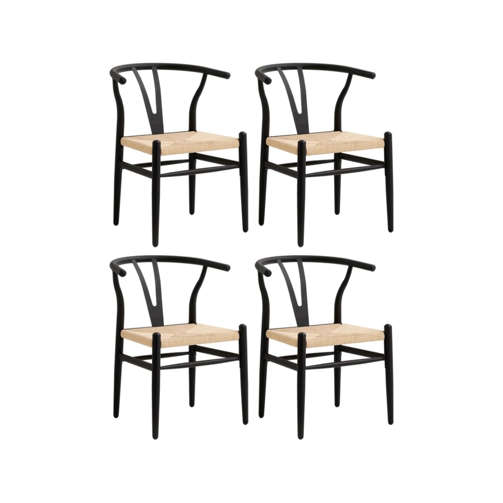Juego de 4 Silla de Comedor Tejida Moderna, Cojín de Ratán de Alta Densidad, Patas de Metal Negro, Adecuada para Comedor, Sala de Estar, Cocina （Marco de Metal Negro）