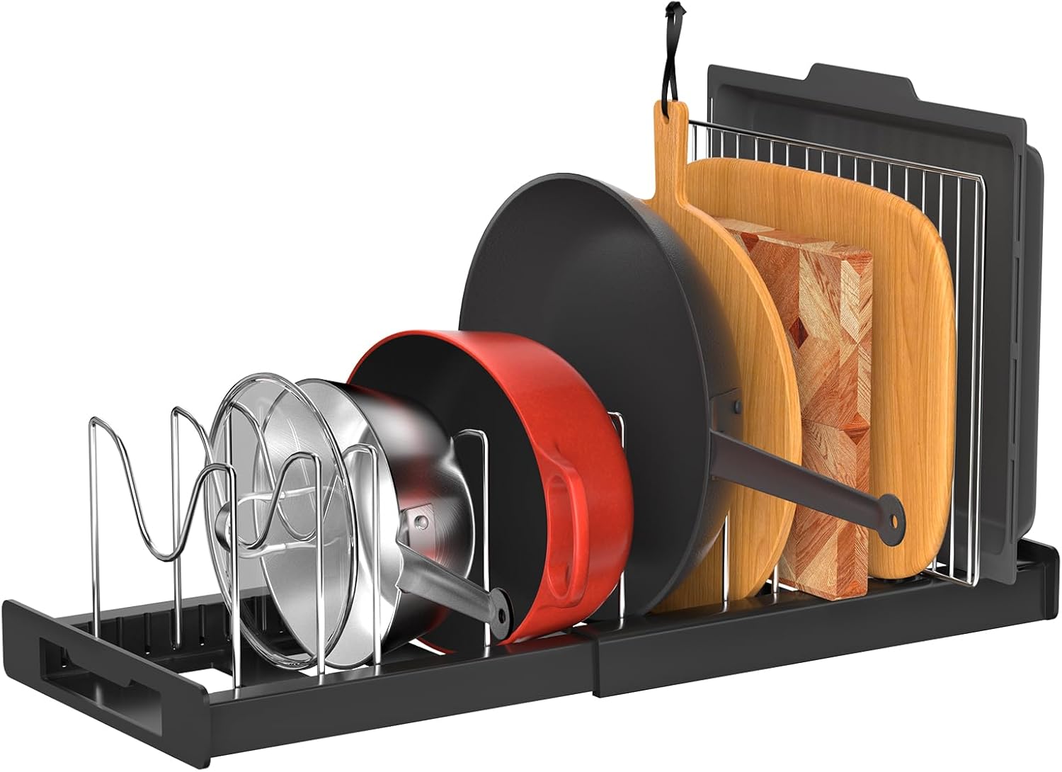 Alskarhem Pot Rack Expandable Pan Organizer for Cabinet,Pot Lid Holder for Kitchen Cabinet Cookware Baking Frying Rack,BLACK