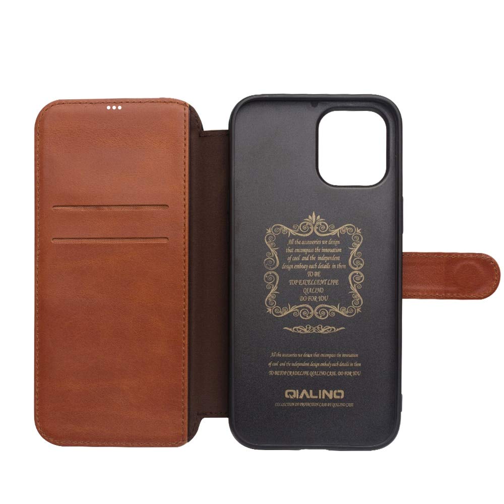 QIALINO Custodia In Vera Pelle Per IPhone 12 Pro (6,1") - Cover Sottile Con Bordi Rialzati, Supporto Ricarica Wireless, Colore Cachi