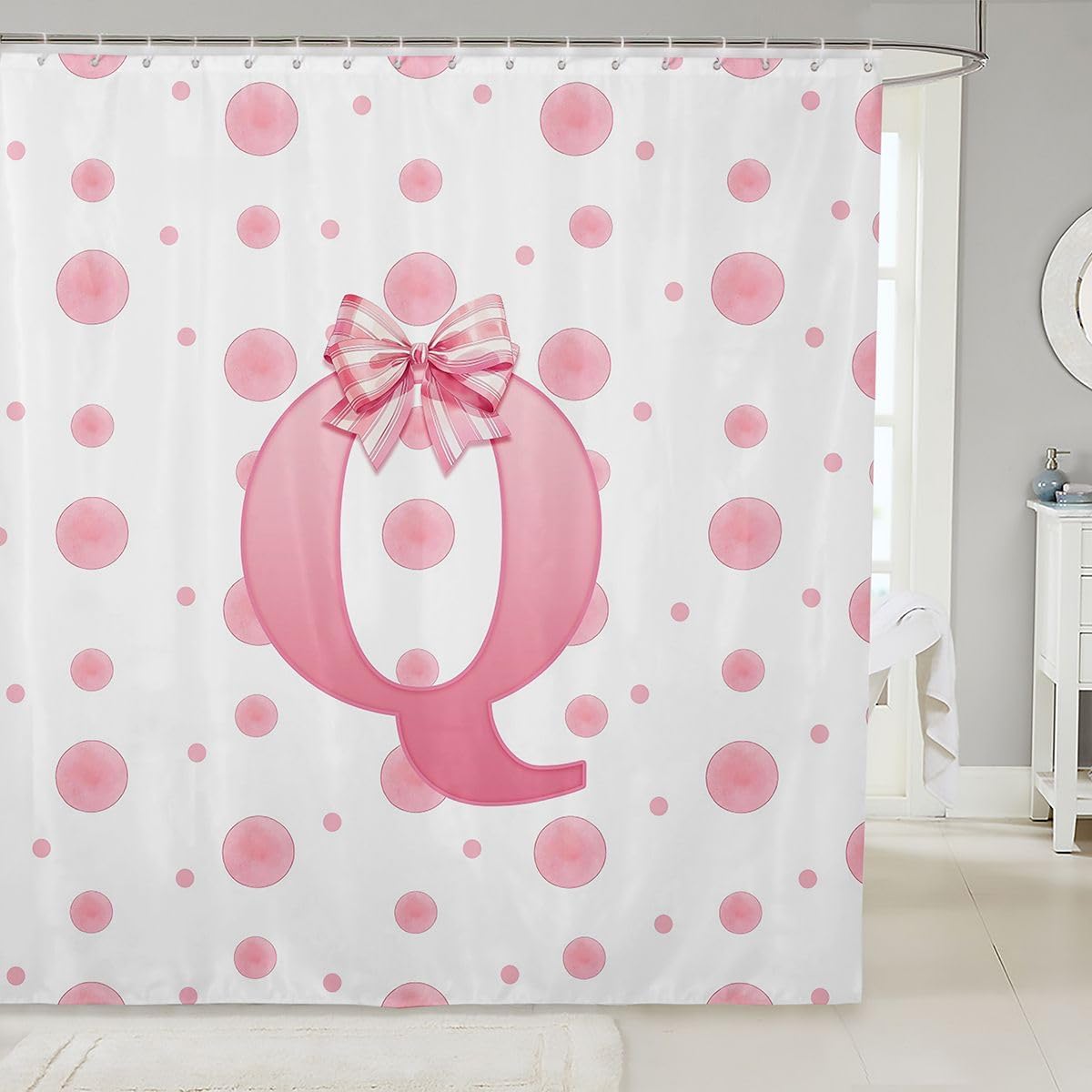 jejeloiu Kawaii Pink Bow Shower Curtain for Bathroom Decor Princess Bowknot Bath Curtain Personalized Letter Bathroom Accessories Polka Dot Waterproof Polyester Fabric for Stalls Bathtubs
