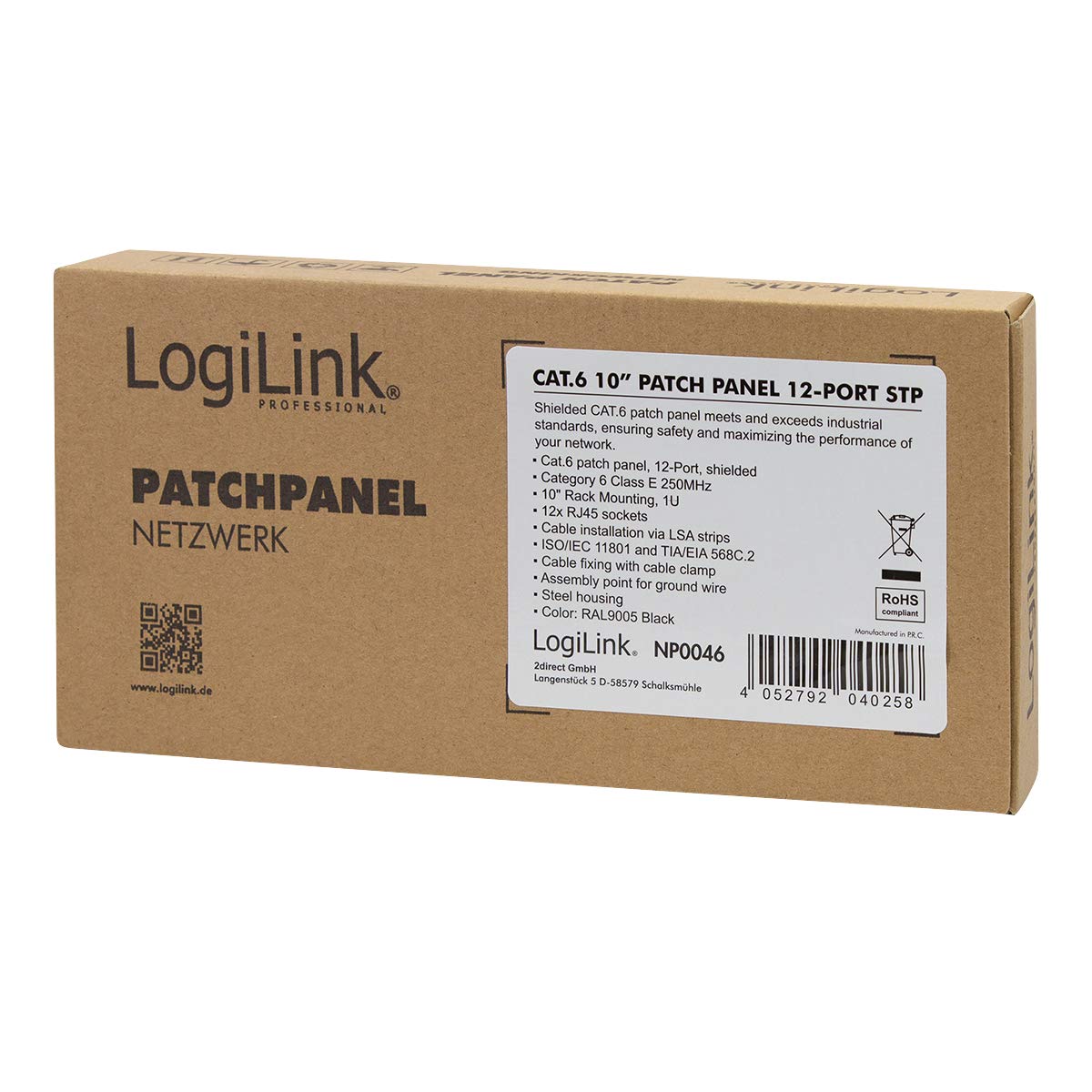 LogiLink Professional Cat.6 (250 MHz) panel krosowy - panel rozdzielczy, 10", STP (ekranowany) 12-portowy (RJ45)