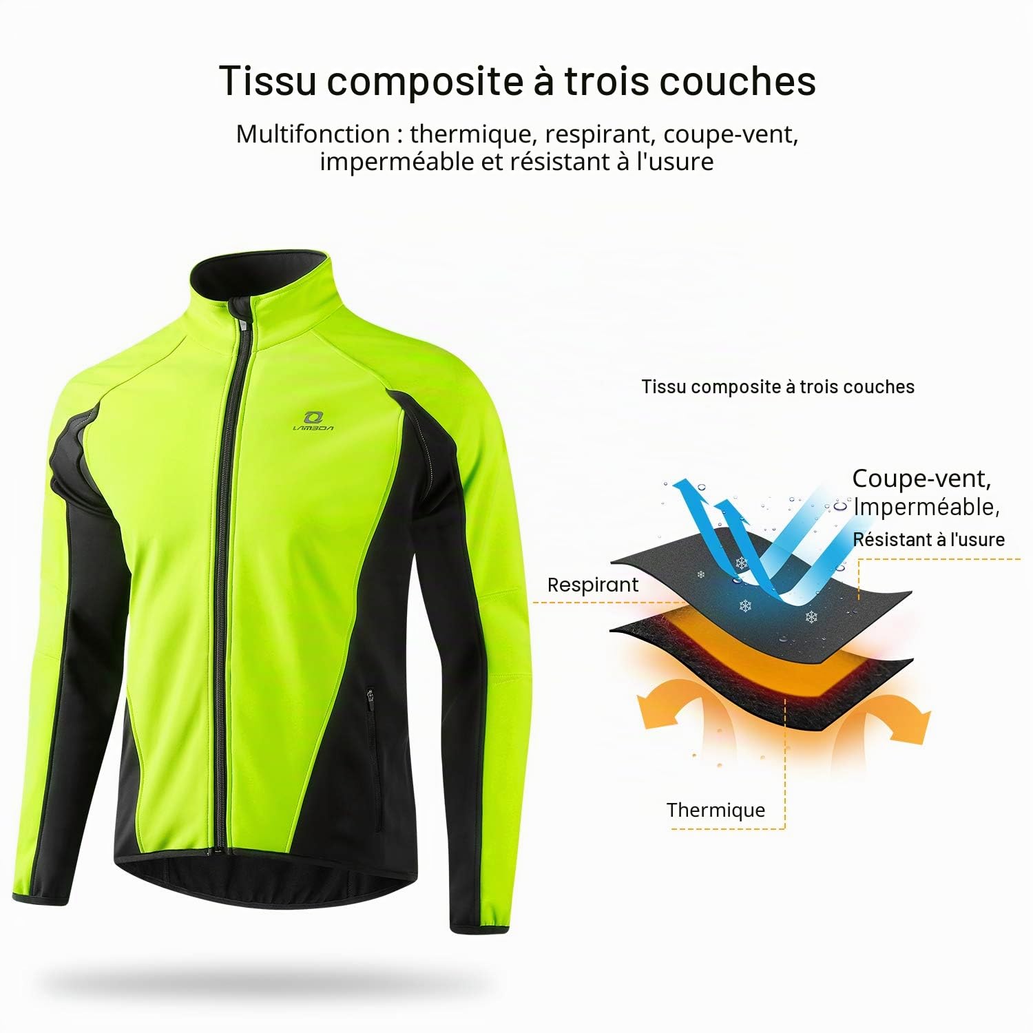 LAMEDA Veste Homme Hiver Chaud Blouson Homme Impermeable Manteau Homme Hiver Coupe-vent pour Randonné, Travail, Cyclisme, Velo, VTT, Running, Excercice, Alpinisme Noir&Vert