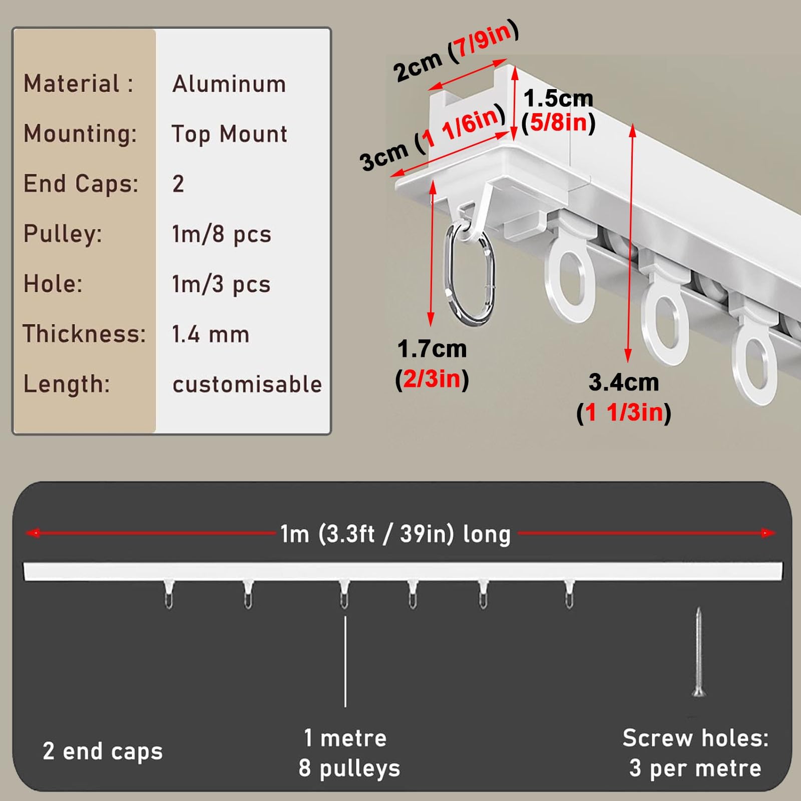 Riel de techo deslizante de aluminio empotrado de doble riel para divisor de habitaciones, longitudes ajustables de 5 pies a 50 pies, perfecto para optimizar el espacio y decoración moderna.