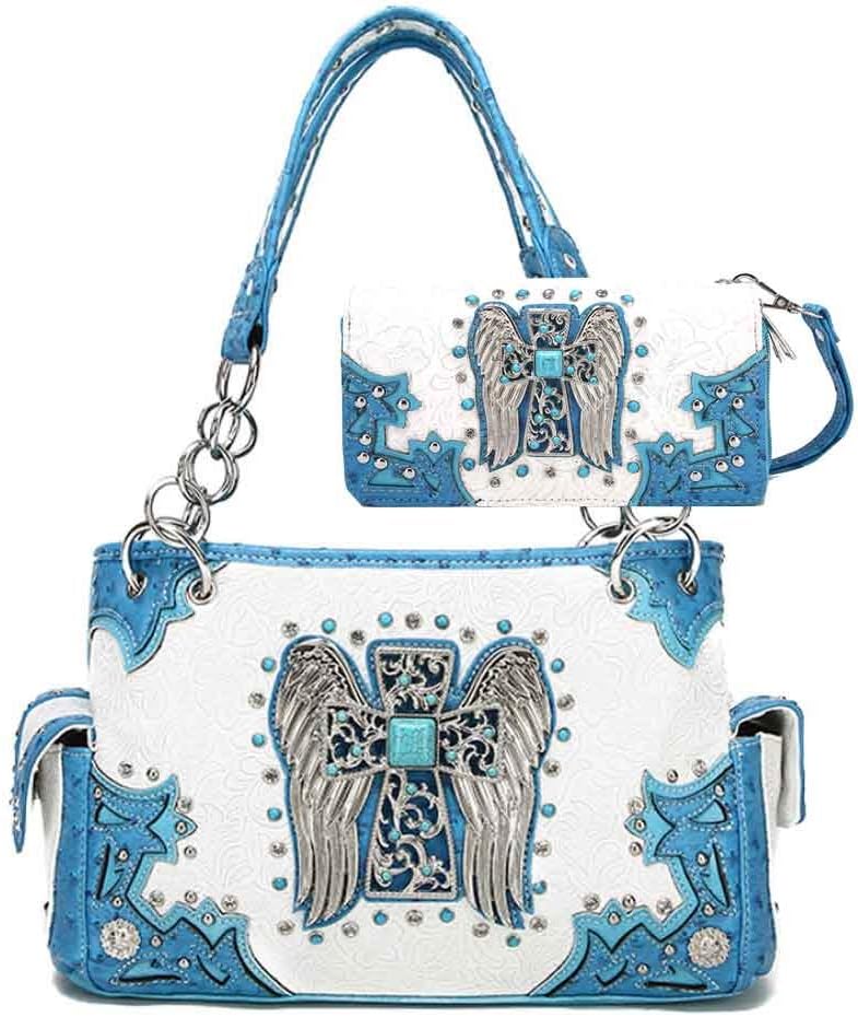 Western Purse Wallet Set, Cross with Wings, Concealed Gun Pocket (Turquoise)