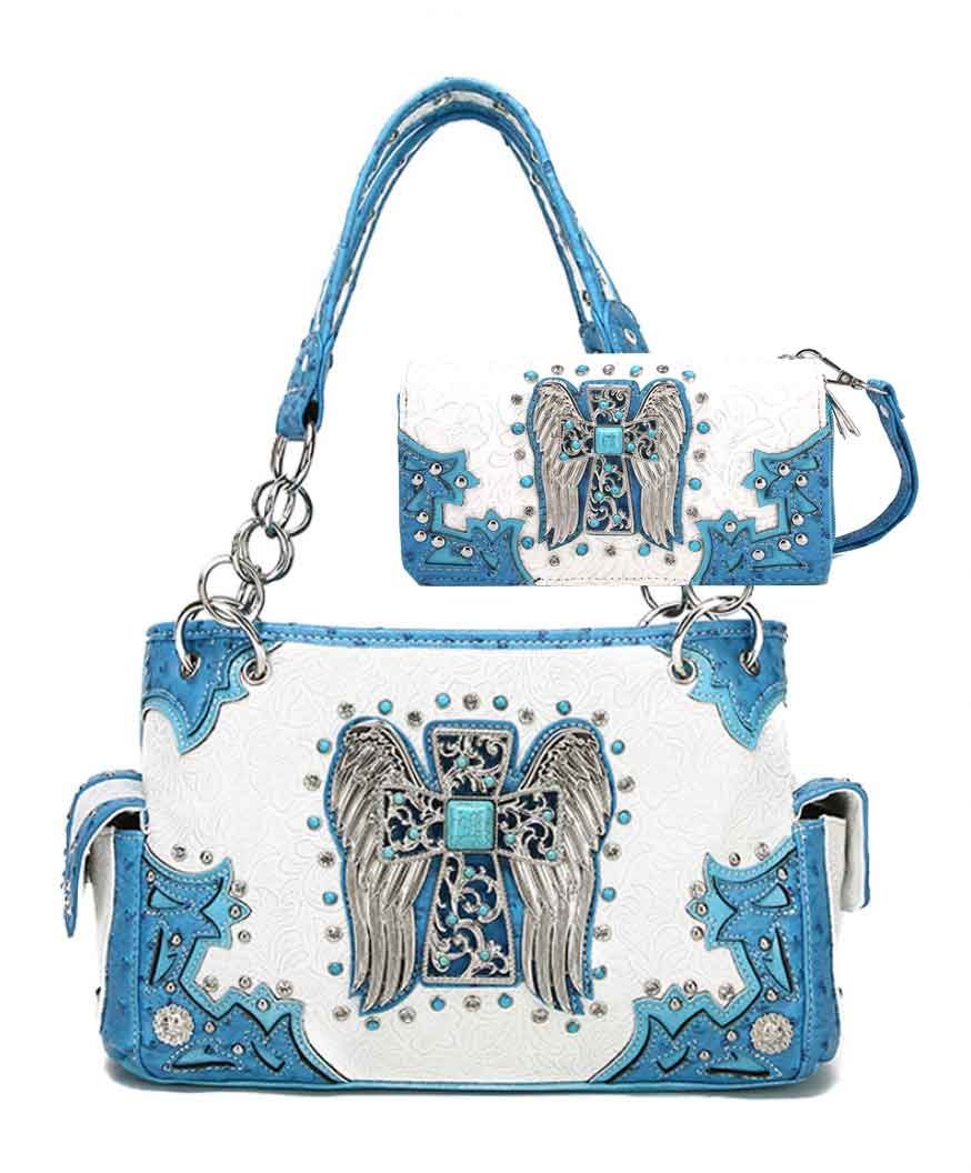 Western Purse Wallet Set, Cross with Wings, Concealed Gun Pocket (Turquoise)