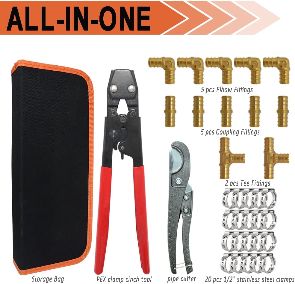 TT Flex Brass PEX Fittings All in One Kit with 12 Pcs 1/2" Tee Elbow Coupling Pipe Fittings，Pex Cinch Clamp Fastening Tool,Pipe Cutter and 20 Pcs 1/2" PEX Clamps