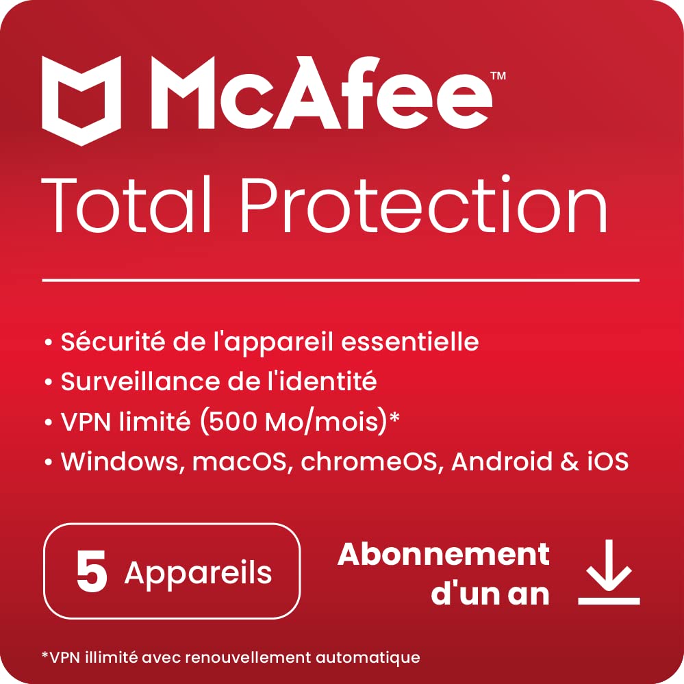 McAfee Total Protection 2023 | 5 appareils | Antivirus et sécurité Internet | VPN | Abonnement d'un an | Code d'activation par email