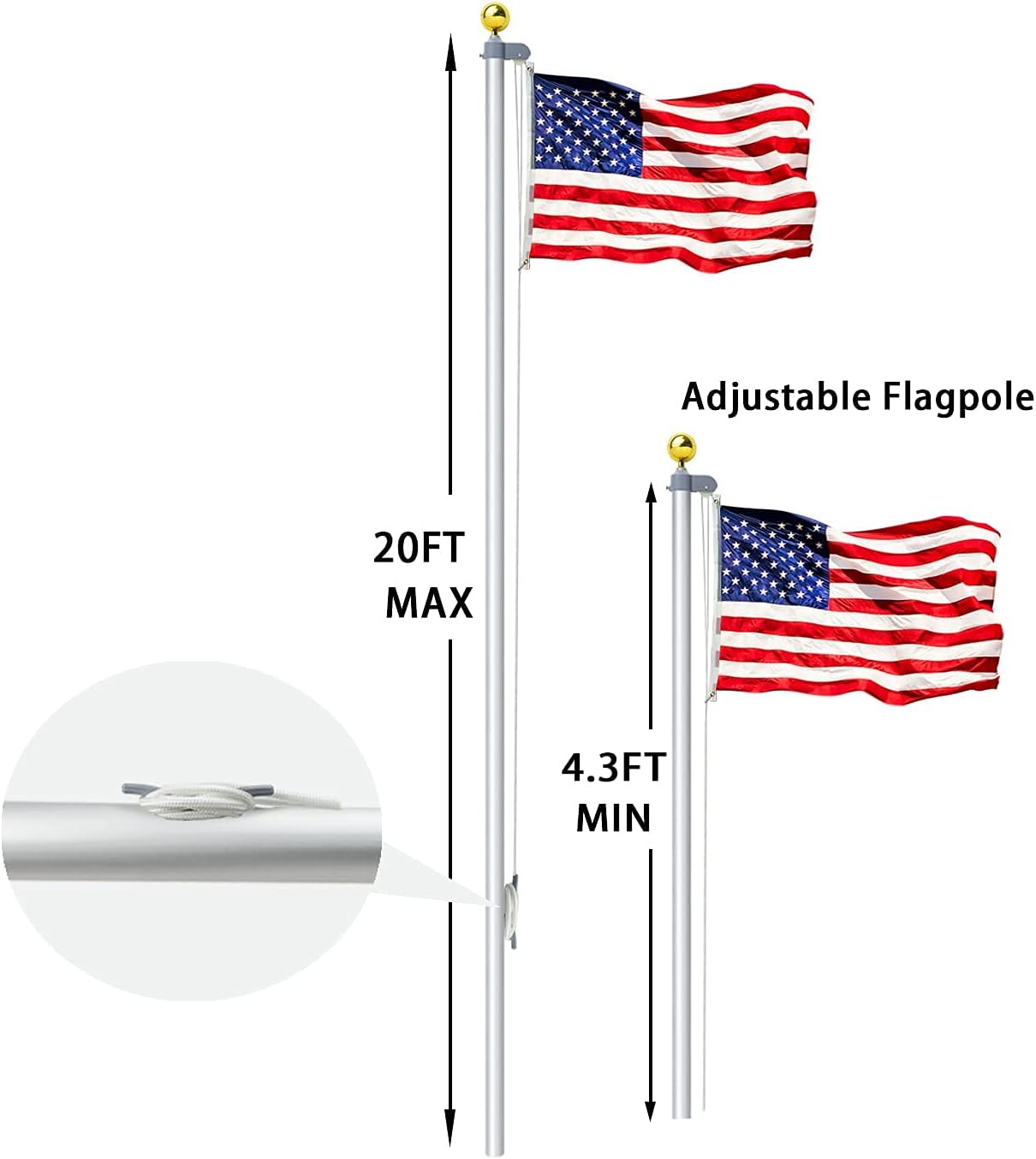 OUTNEE 20FT Sectional Flagpole Kit, Extra Heavy Duty Thick Aluminum Flagpole Fly 2 Flags, Flag Poles for Outside and Yard
