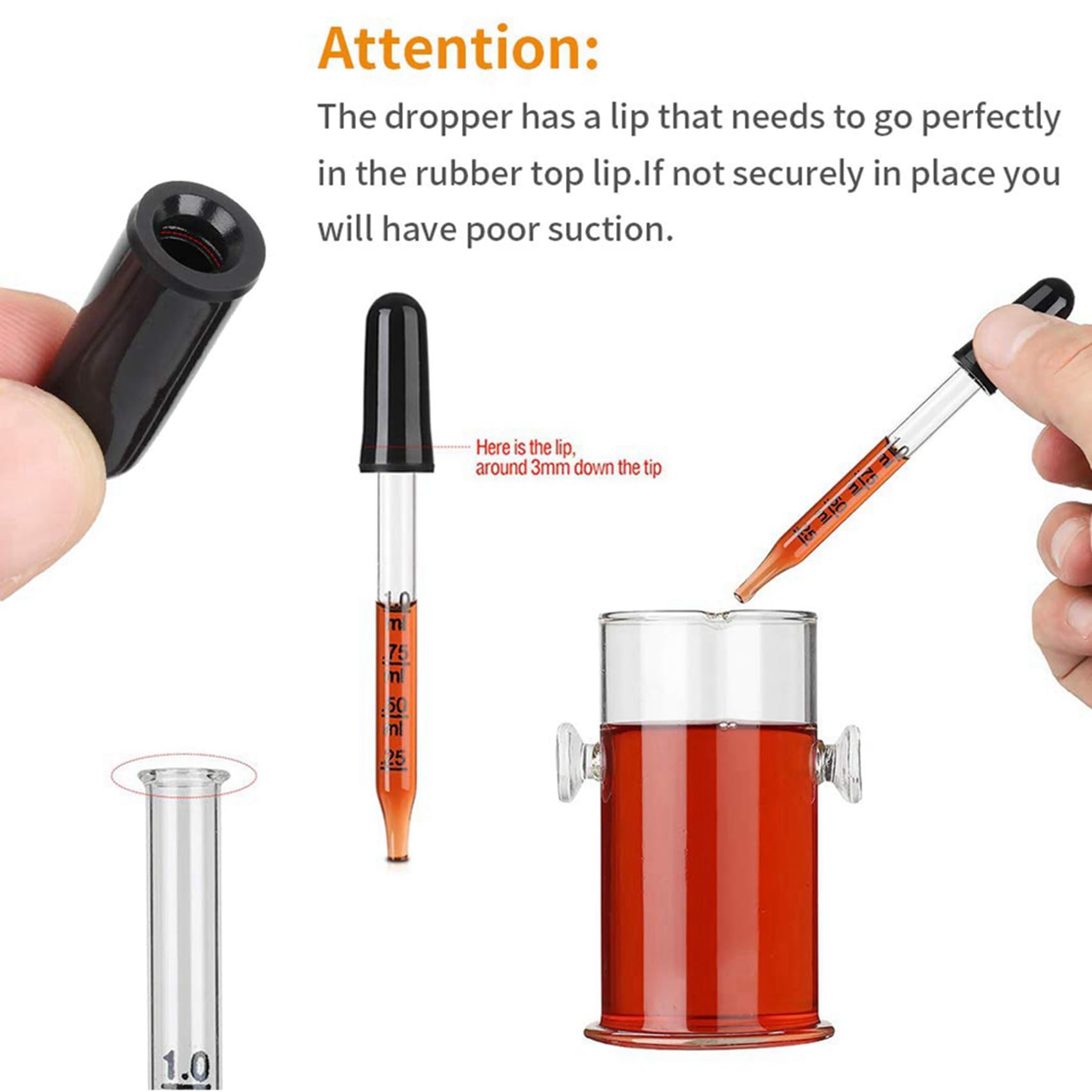 200 cuentagotas de vidrio de 1 ml, pipetas cuentagotas con bombilla de succión negra, para maquillaje líquido artístico, estilo de punta recta