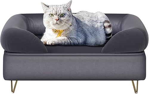 Sofá cama para perros, tela de terciopelo suave, marco de madera, descanso para perros medianos, gris