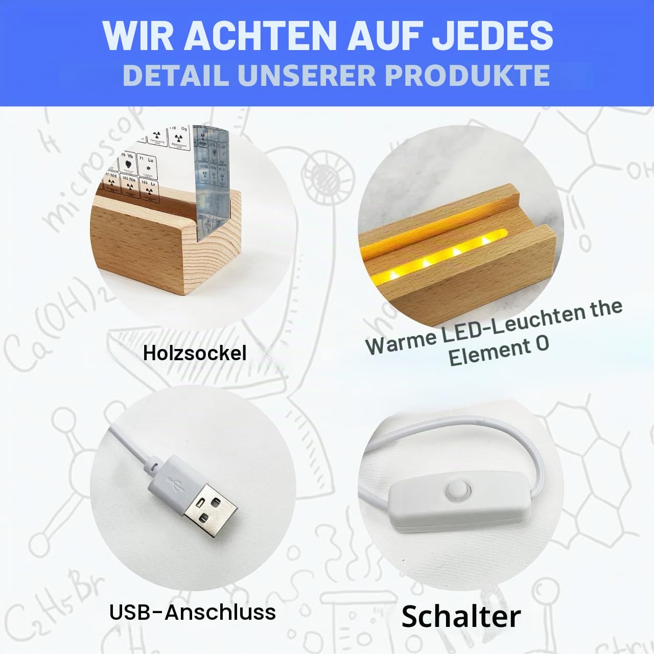 Periodensystem mit echten Elementen, groß (21 x 14 x 2,7 cm), Holzsockel, transparentes Board und Holzständer mit weißem LED-Licht, chemisches Geschenk für Schüler und Lehrer