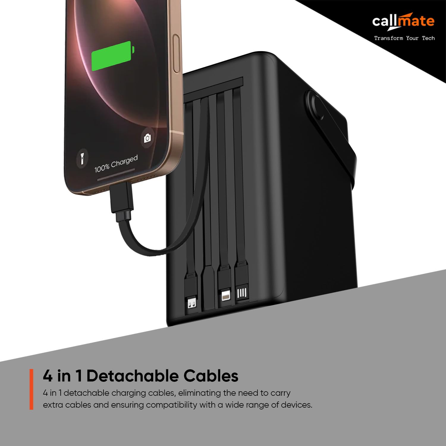 CALLMATE 80000mAh 23W Fast Charging Power Bank with 4 in 1 Built-in Detachable Cables, USB-C PD & Dual USB-A QC 3.0 Outputs with Lightn-ing Input & Digital Display (Black, Pop-Up LED Light) — Amazon image 3
