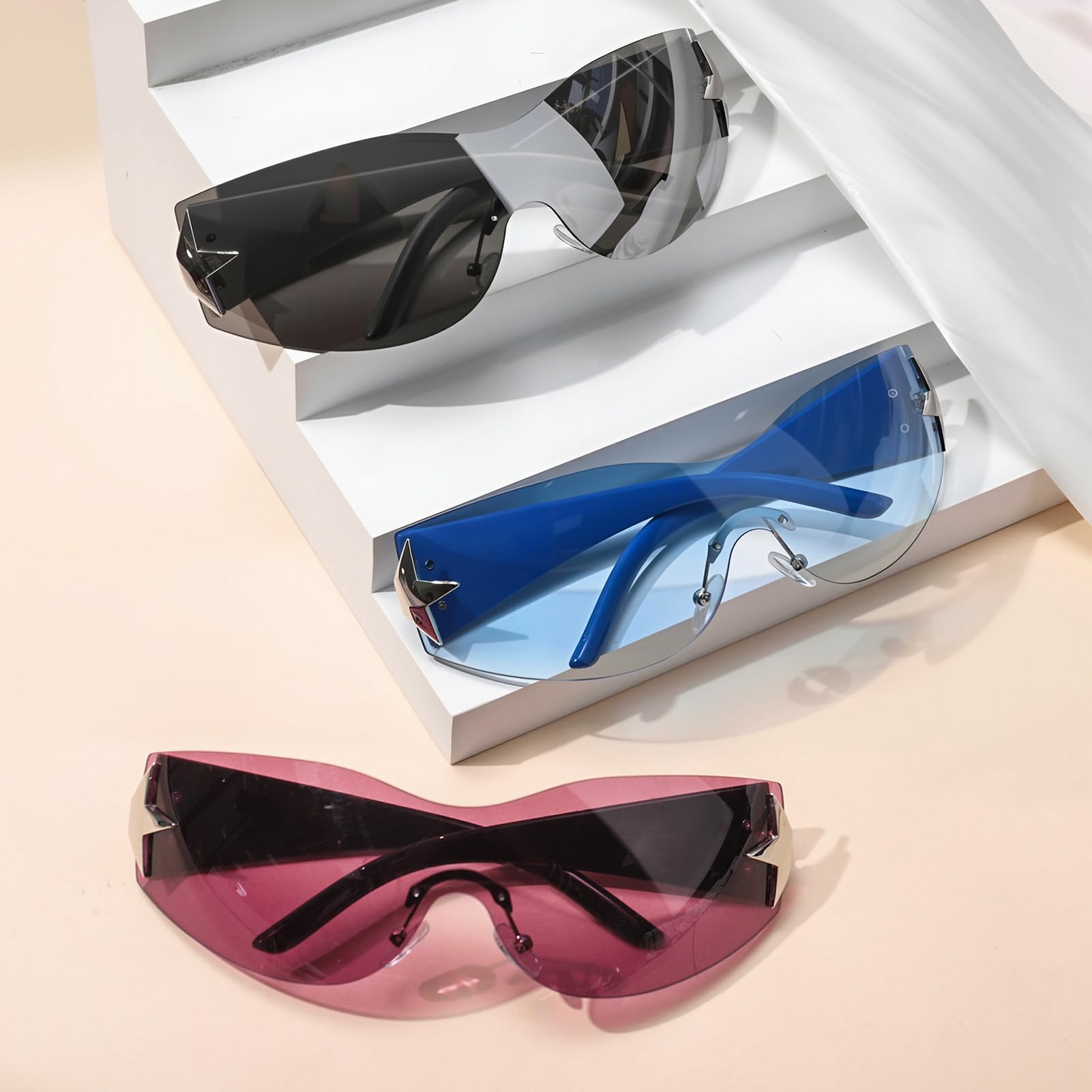 Ovveroche 3 Pairs Y2K Sunglasses for Women Men Trendy Shield Wrap Around Sun Glasses Oversized Fashion Frameless Glasses: 3 Pairs - Multicolor