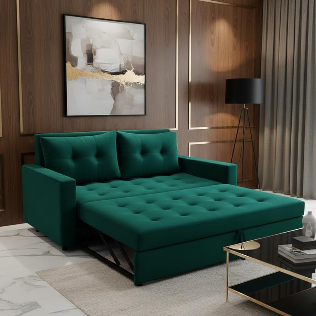 FURNY Trissa 2 Seater Fabric Pull-Out Sofa Cum Bed Velvet Fabric Tealish Green | Modern Design | Living Room Furniture | Modern Stylish Sofa for Home-image-17