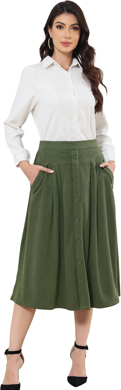 Womens Corduroy Skirts Vintage High Waist Button Long Pleated Skirts A-line Midi Skirt with Pockets Fall Winter - Image 2