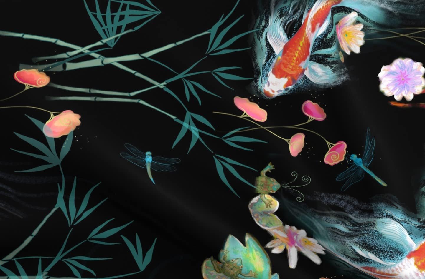 Spoonflower Fabric - Black Koi Fish Japanese Floral Large Scale Decorative Carp Chinoiserie Printed on Organic Cotton Sateen Fabric by The Yard - Sewing Quilting Apparel Home Decor
