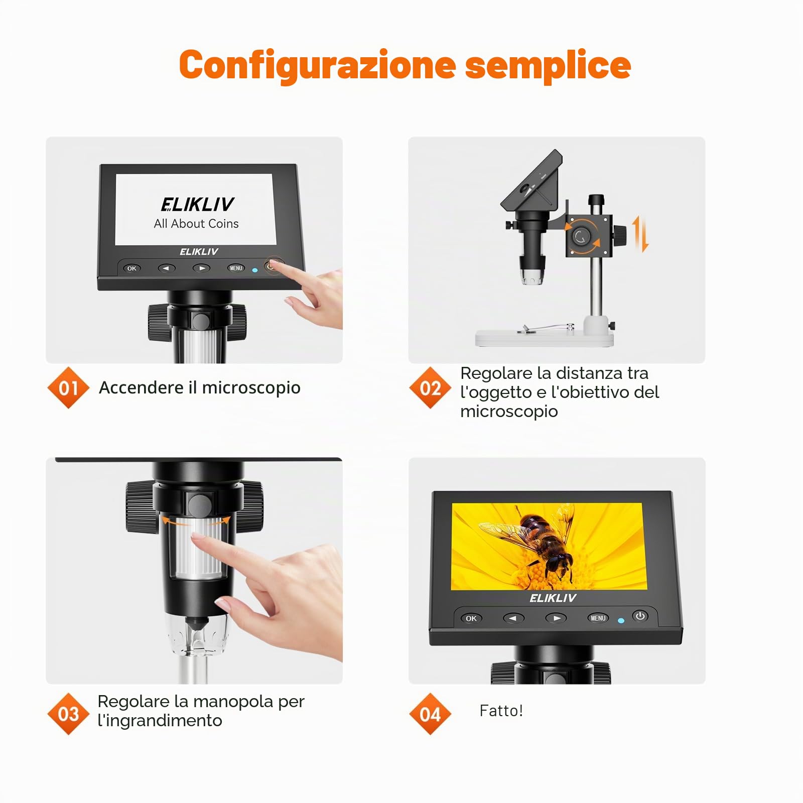 Elikliv Microscopio digitale LCD per monete 1000x, Lente d'ingrandimento con 8 luci LED regolabili, Vista PC compatibile con Windows, EDM4, 4,3 pollici