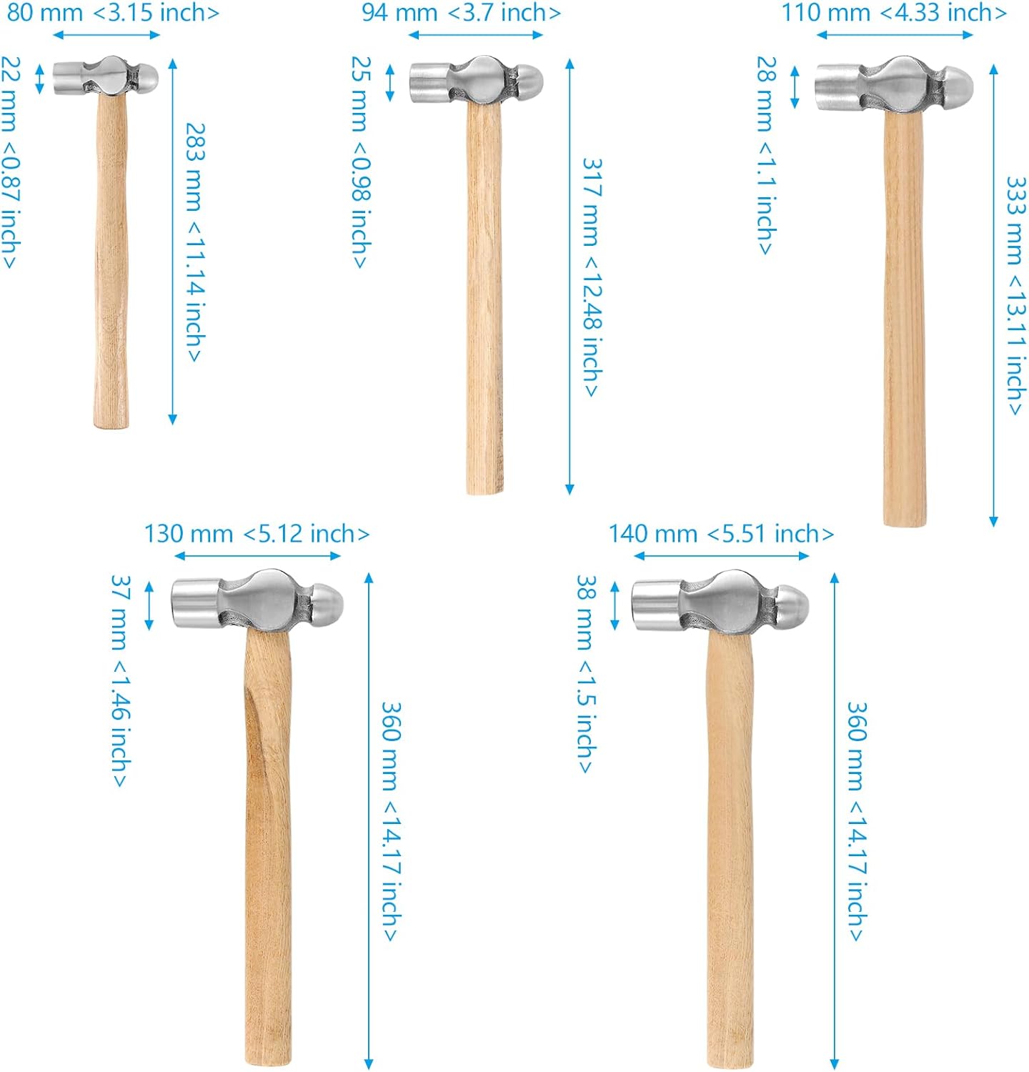 5PCS Ball Peen Hammer Set, 8oz, 16oz, 24oz, 32oz, 48oz Carbon Steel Round Head Ball Peen Hammers with Wooden Handles for Household, Workshop Repair, Metal Rivet
