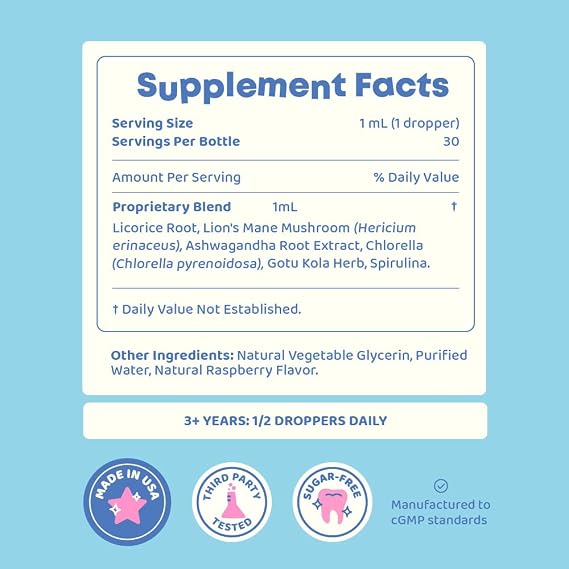 JoySpring LingoLeap Kids Lion's Mane Drops, Raspberry, 30 Servings | Gotu kola and ashwagandha blend, supports focus, learning and communication, sugar-free, smooth taste for daily use