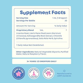 JoySpring LingoLeap Kids Lion's Mane Drops, Raspberry, 30 Servings | Gotu kola and ashwagandha blend, supports focus, learning and communication, sugar-free, smooth taste for daily use