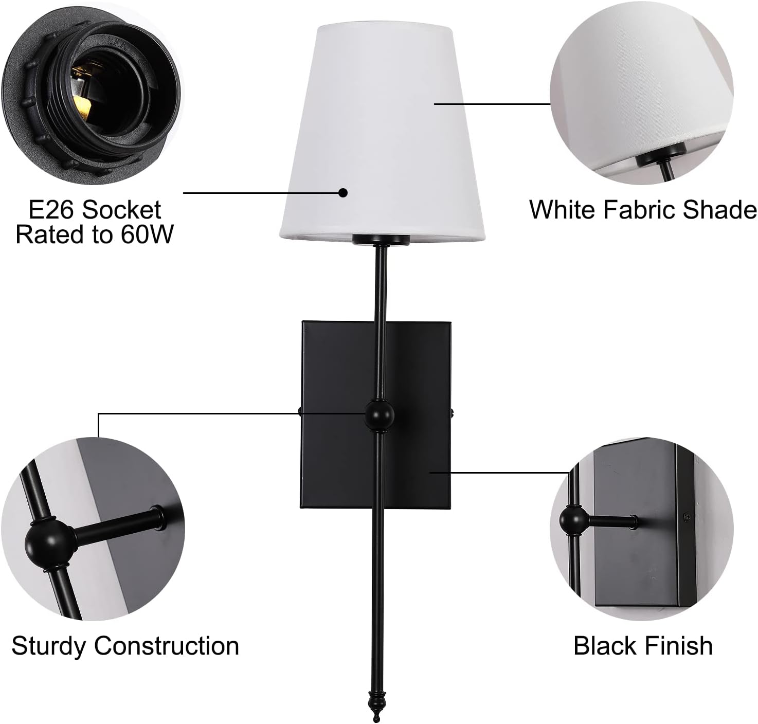 Set of 2 Slim Wall Sconces with White Fabric Shade, Matte Black Base Indoor Wall Light Fixtures for Bedroom Bedside Bathroom Vanity Light Living Room